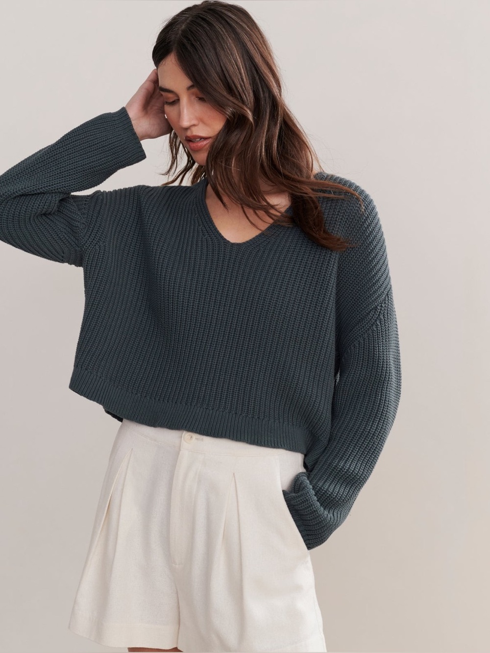 Jenni Kayne Cropped Cotton Cabin Sweater Women Ink Green XXL Quiet Luxury